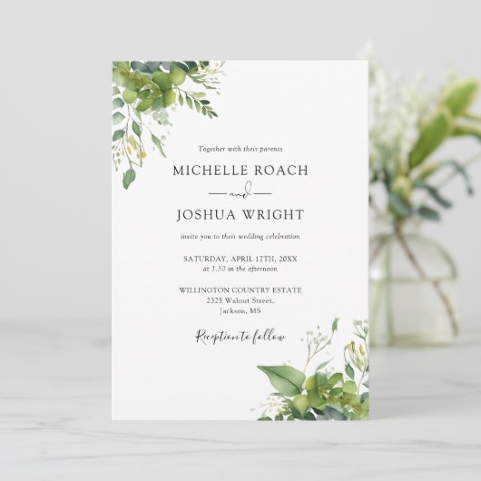 Invitation Eucalyptus Green Moderne QR Code Mariage (Debout devant)