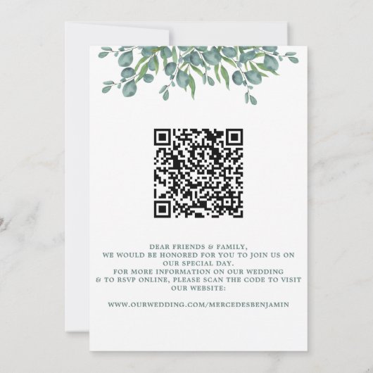 Invitation Eucalyptus Green Moderne QR Code Mariage (Dos)