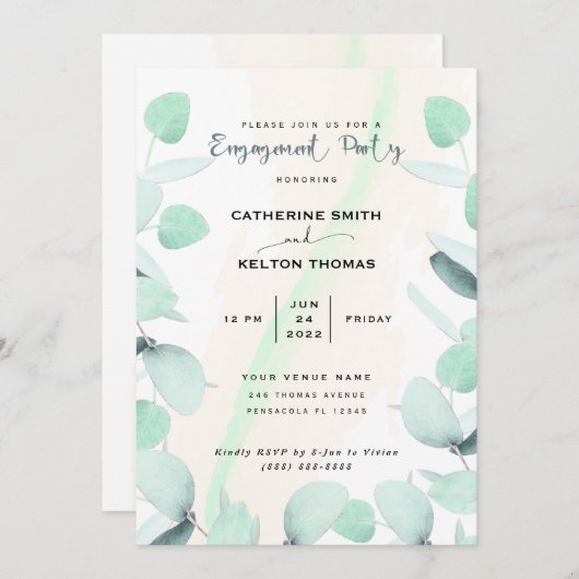 Invitation Eucalyptus Green Party d'engagement simple (Devant / Derrière)