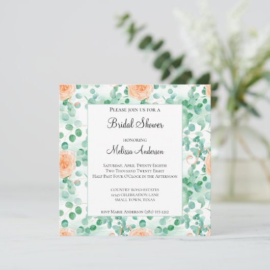 Invitation Eucalyptus Green Peach Bridal Douche (Debout devant)