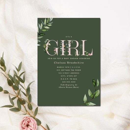 Invitation Eucalyptus Green Rose Girl Baby shower