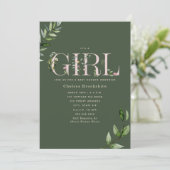 Invitation Eucalyptus Green Rose Girl Baby shower (Debout devant)