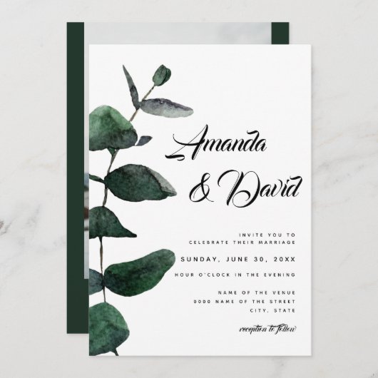 Invitation Eucalyptus Green Rustic Couple Mariage photo (Devant / Derrière)