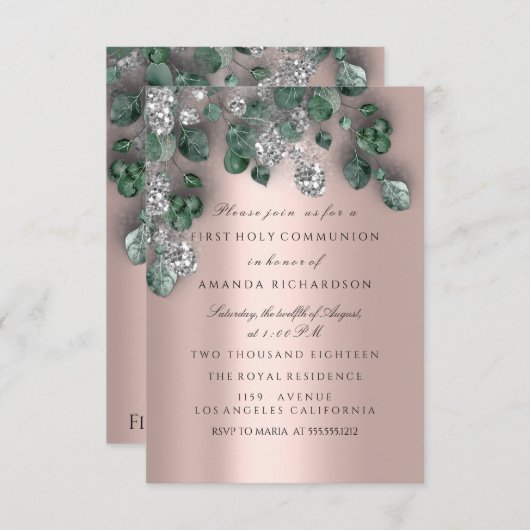 Invitation Eucalyptus Green Silver Première Communion Sainte (Devant / Derrière)