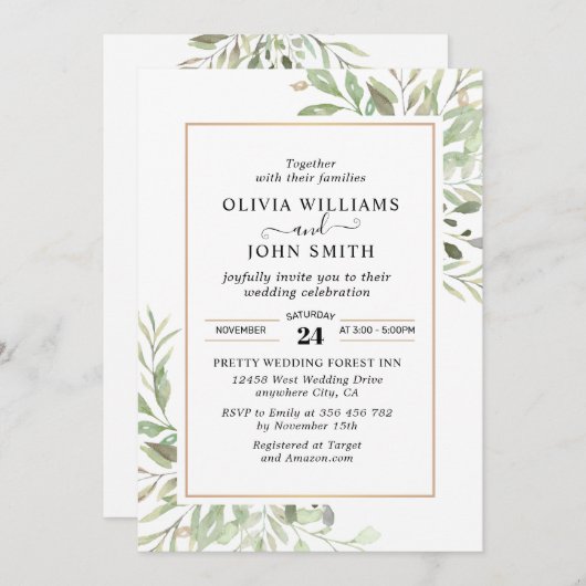 Invitation Eucalyptus Green Simple Mariage L008 (Devant / Derrière)