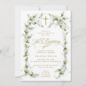 Invitation Eucalyptus Green White Frame Cross Baptême (Devant)
