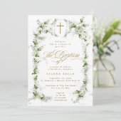 Invitation Eucalyptus Green White Frame Cross Baptême (Debout devant)