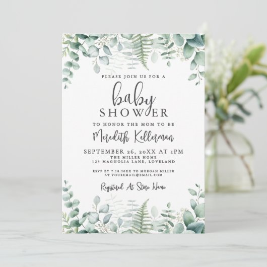 Invitation Eucalyptus Greenery Baby Shower (Debout devant)