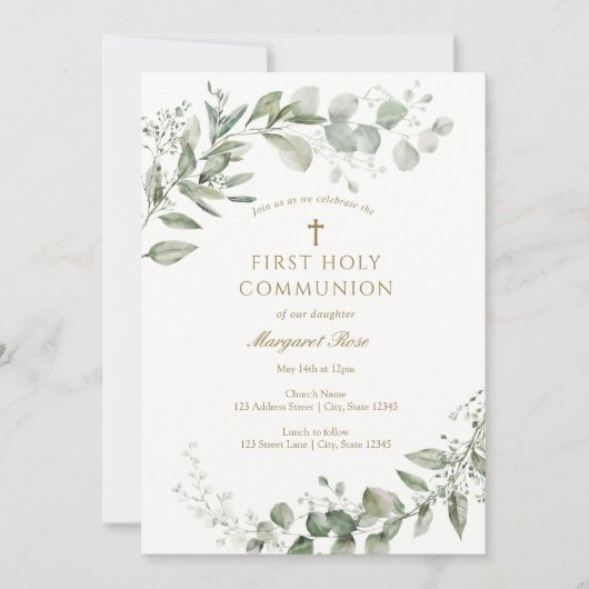 Invitation Eucalyptus Greenery First Communion Religious (Devant)