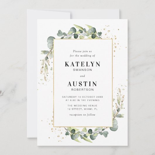 Invitation eucalyptus greenery gold frame wedding (Devant)