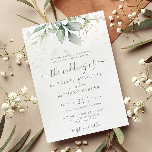 Invitation Eucalyptus Greenery Gold Leaves Botanical Wedding