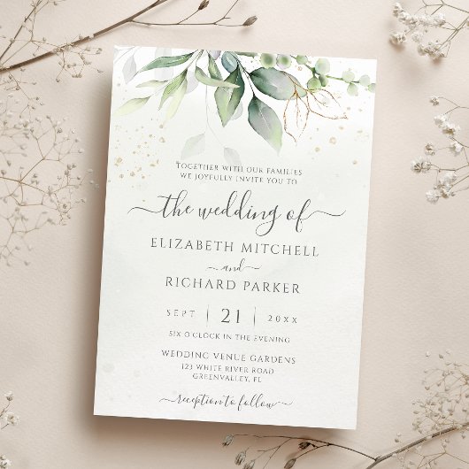 Invitation Eucalyptus Greenery Gold Leaves Botanical Wedding