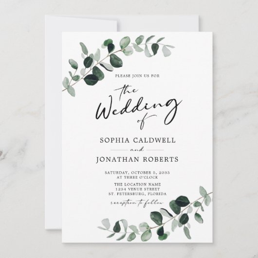 Invitation Eucalyptus Greenery QR Code Calligraphie Mariage (Devant)