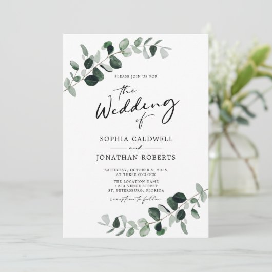 Invitation Eucalyptus Greenery QR Code Calligraphie Mariage (Debout devant)