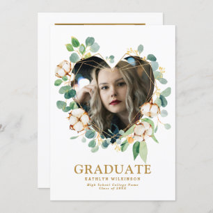 Invitation Eucalyptus Heart Wreath Gold Géométrique Grad Phot