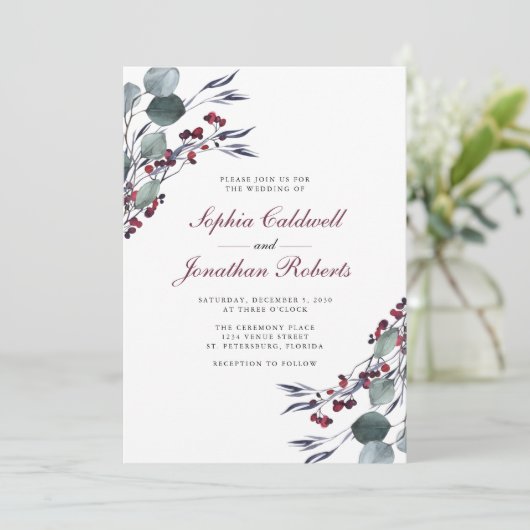 Invitation Eucalyptus Holly Berries Code QR Mariage RSVP (Debout devant)