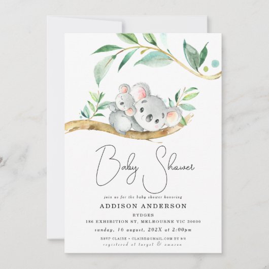 Invitation Eucalyptus Koala Ours Et Joey Baby shower (Devant)