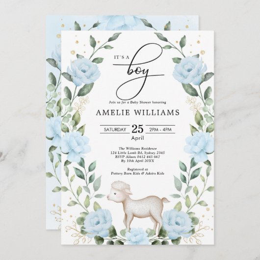 Invitation Eucalyptus Lamb bleu Baby shower garçon (Devant / Derrière)