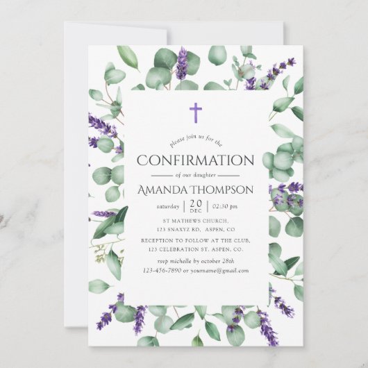 Invitation Eucalyptus Lavande de verdure Confirmation (Devant)