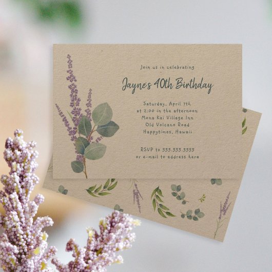 Invitation Eucalyptus Lavender Botanique fête d'anniversaire
