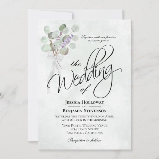 Invitation Eucalyptus & Lavender Bouquet Rustique Boho Mariag (Devant)