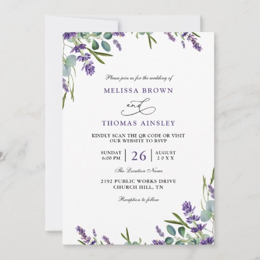 Invitation Eucalyptus Lavender Elegant Budget QR Code Wedding (Devant)