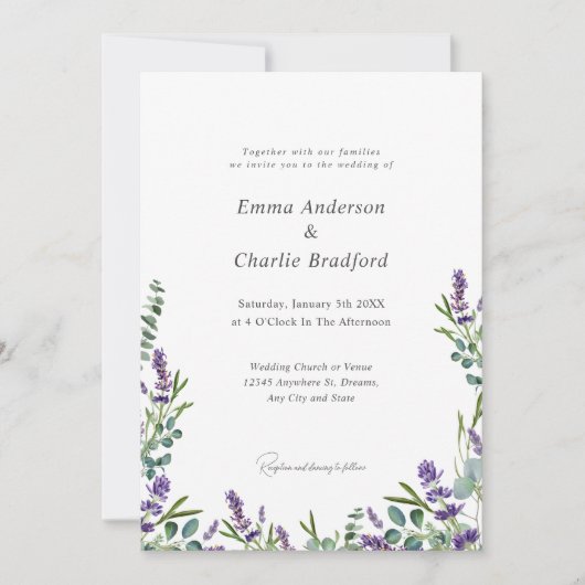 Invitation Eucalyptus Lavender Élégant Mariage de script (Devant)