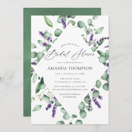 Invitation Eucalyptus Lavender Fête des mariées verte (Devant / Derrière)