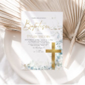 Invitation Eucalyptus Leaf and Gold Cross Baptism