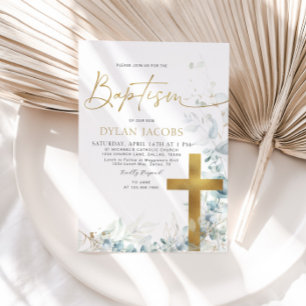 Invitation Eucalyptus Leaf and Gold Cross Baptism