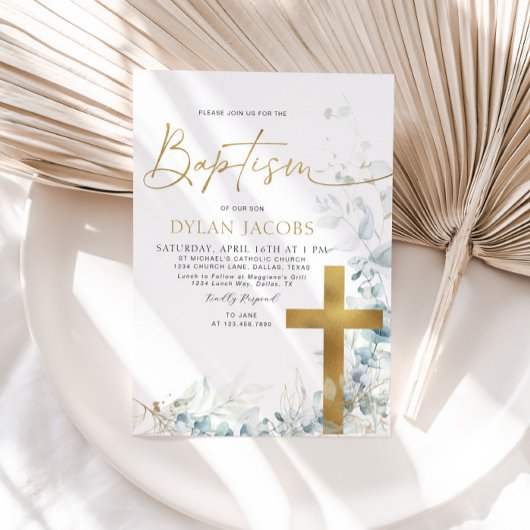 Invitation Eucalyptus Leaf and Gold Cross Baptism
