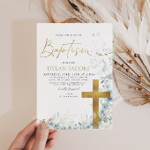 Invitation Eucalyptus Leaf and Gold Cross Baptism