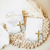 Invitation Eucalyptus Leaf and Gold Cross Baptism