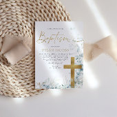 Invitation Eucalyptus Leaf and Gold Cross Baptism