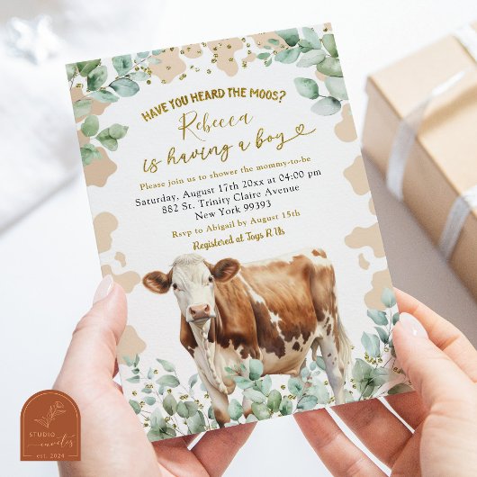Invitation Eucalyptus Leaf Cow Farm Boy Baby shower de verdur