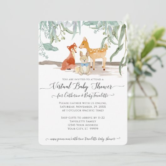 Invitation Eucalyptus Leaf Woods Deer Fox Baby Virtual Douche (Debout devant)