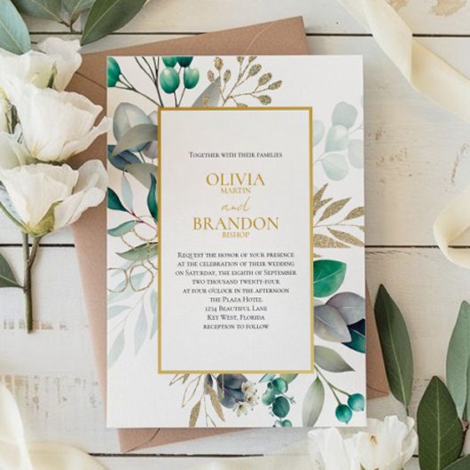 Invitation Eucalyptus Leaves & Gold Frame Watercolor Wedding