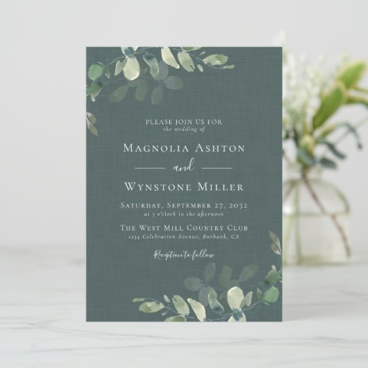 Invitation Eucalyptus Lin vert tout en un Mariage (Debout devant)