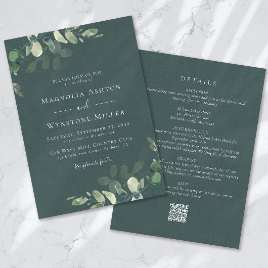 Invitation Eucalyptus Lin vert tout en un Mariage
