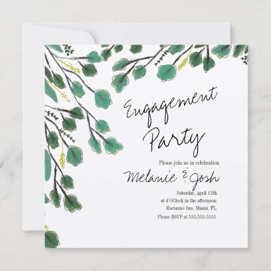 Invitation Eucalyptus Main Tirée Feuille Script Partie d'enga (Devant)