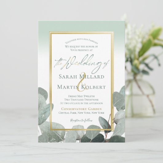 Invitation Eucalyptus mariage bleu poussiéreux mariage (Debout devant)