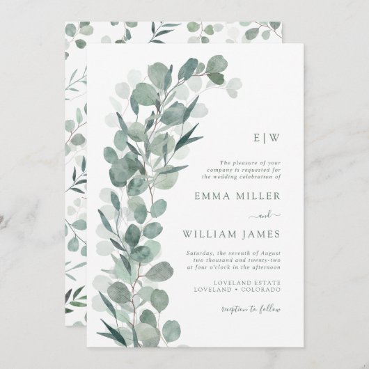 Invitation Eucalyptus Mariage monogramme (Devant / Derrière)