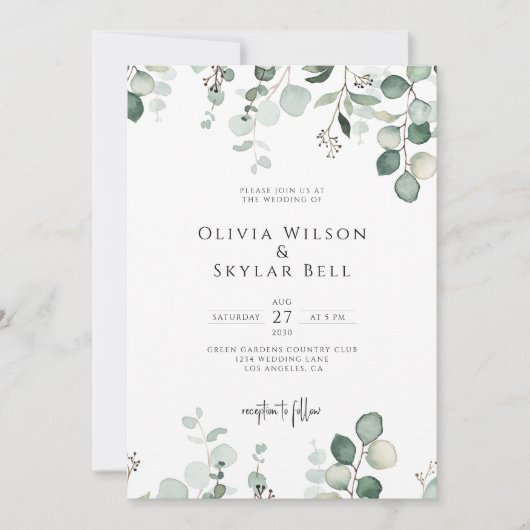 Invitation Eucalyptus Minimal QR Botanique Tout en un Mariage (Devant)