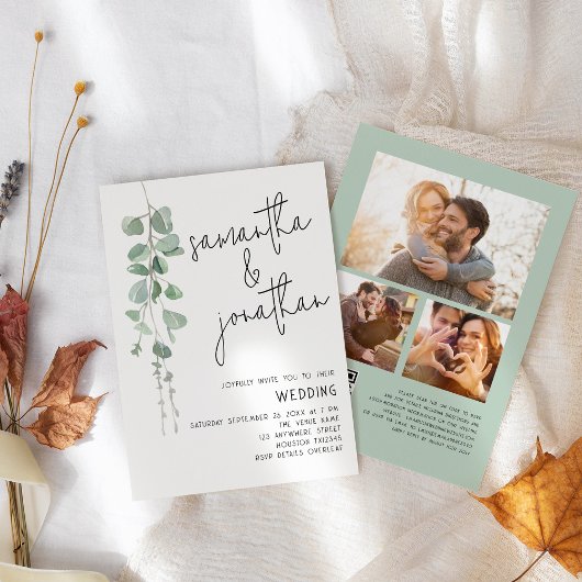 Invitation Eucalyptus moderne 3 Photos Code QR Mariage