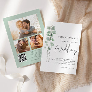 Invitation Eucalyptus moderne 3 Photos QR Code Script Mariage