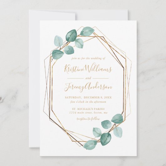 Invitation Eucalyptus moderne Aquarelle Or Script Mariage I (Devant)