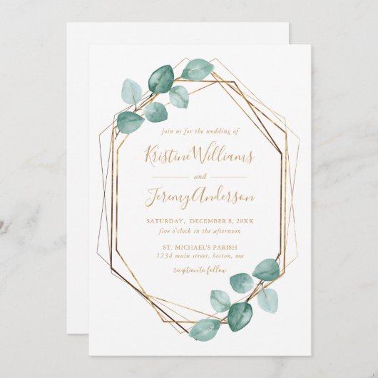 Invitation Eucalyptus moderne Aquarelle Or Script Mariage I (Devant / Derrière)