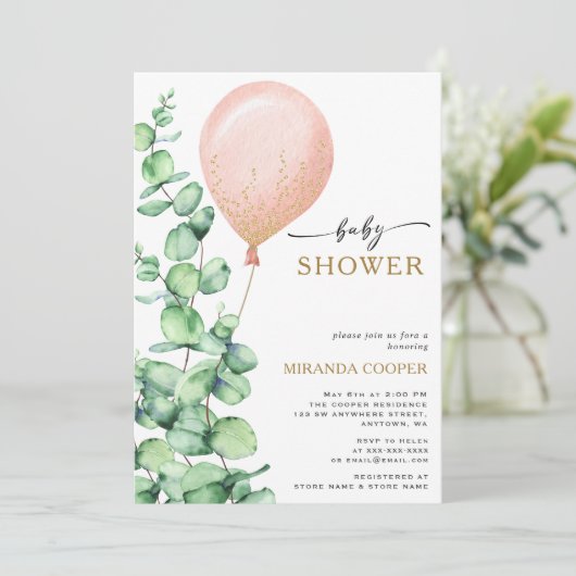 Invitation Eucalyptus moderne Balloon Baby Girl Douche (Debout devant)