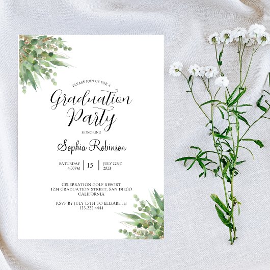 Invitation Eucalyptus Moderne Calligraphie Parti de Graduatio