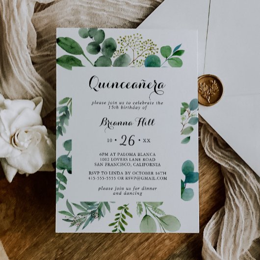 Invitation Eucalyptus Moderne Calligraphie Quinceañera